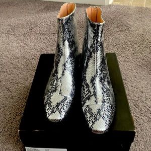 Brand New, Never Worn JCrew Cap-Toe Boots in Metallic Snakeskin print